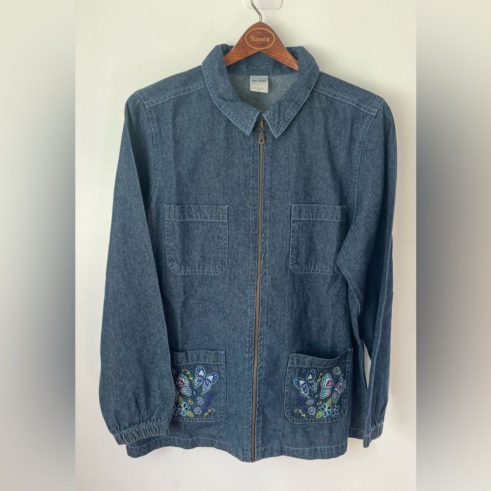 Vintage Blair Denim Shirt Jacket (Shacket) Oversized with Embroidered Butterfly